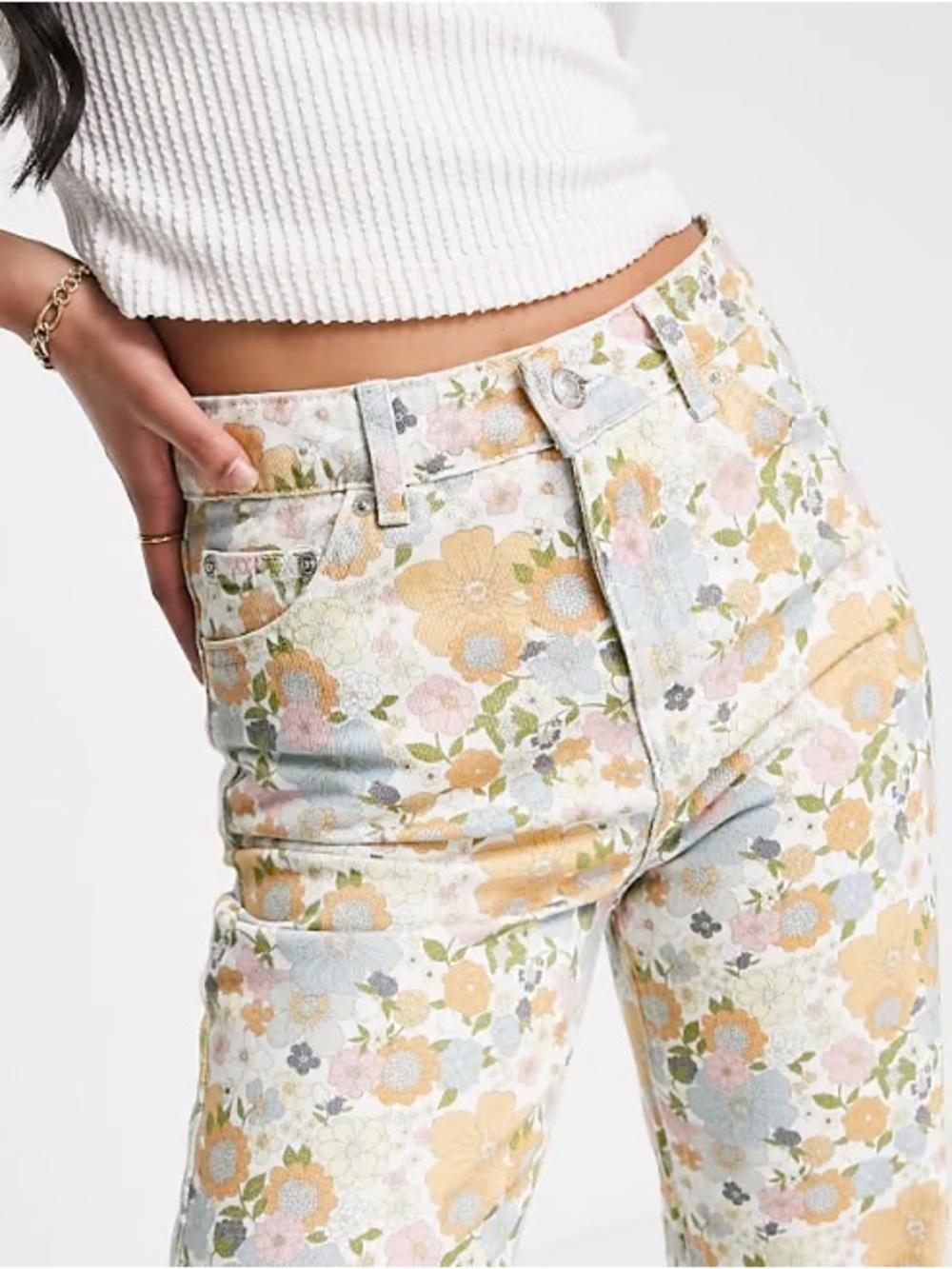 Topshop| High-Rise Retro Pink/Gold Floral Hippy Wide Leg Denim Jeans Sz 30w/30l